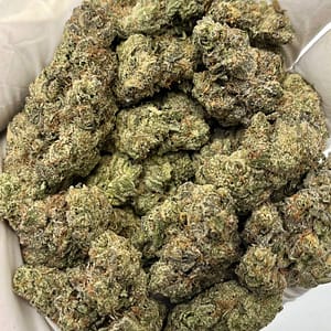 OG Kush THCa flower close-up with crystal-coated green buds and orange hairs