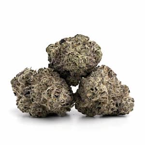 Donkey Butter cannabis buds with dense structure, dark hues, and heavy resin coating